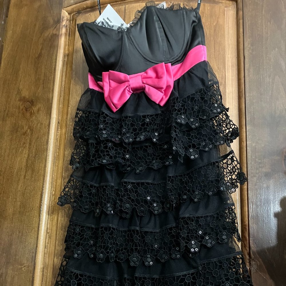 Betsey Johnson Black Sequin Lace Dress with Pink Bow